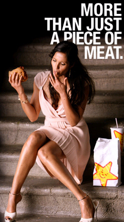 Padma demonstrates how to be a piece of meat. (Photo - Hardee's)